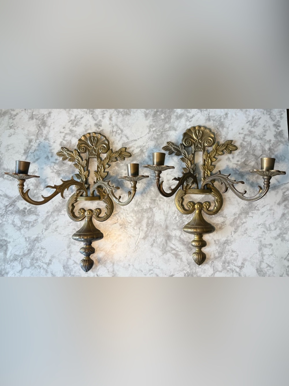 vintage ornate cast brass two-candle wall sconce, featuring a neoclassical